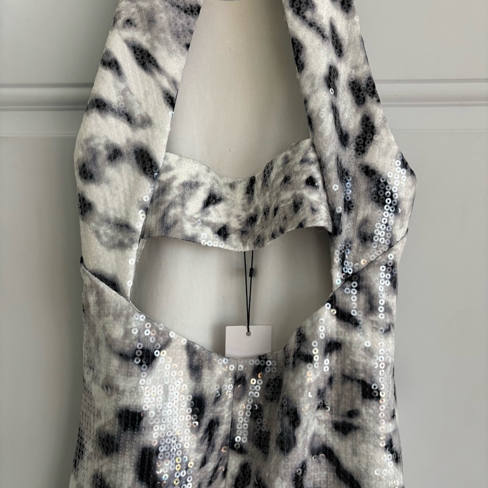 NWT Parker White and Black Leopard Sequin Halter Mini Dress, Size XS - Picture 9 of 15
